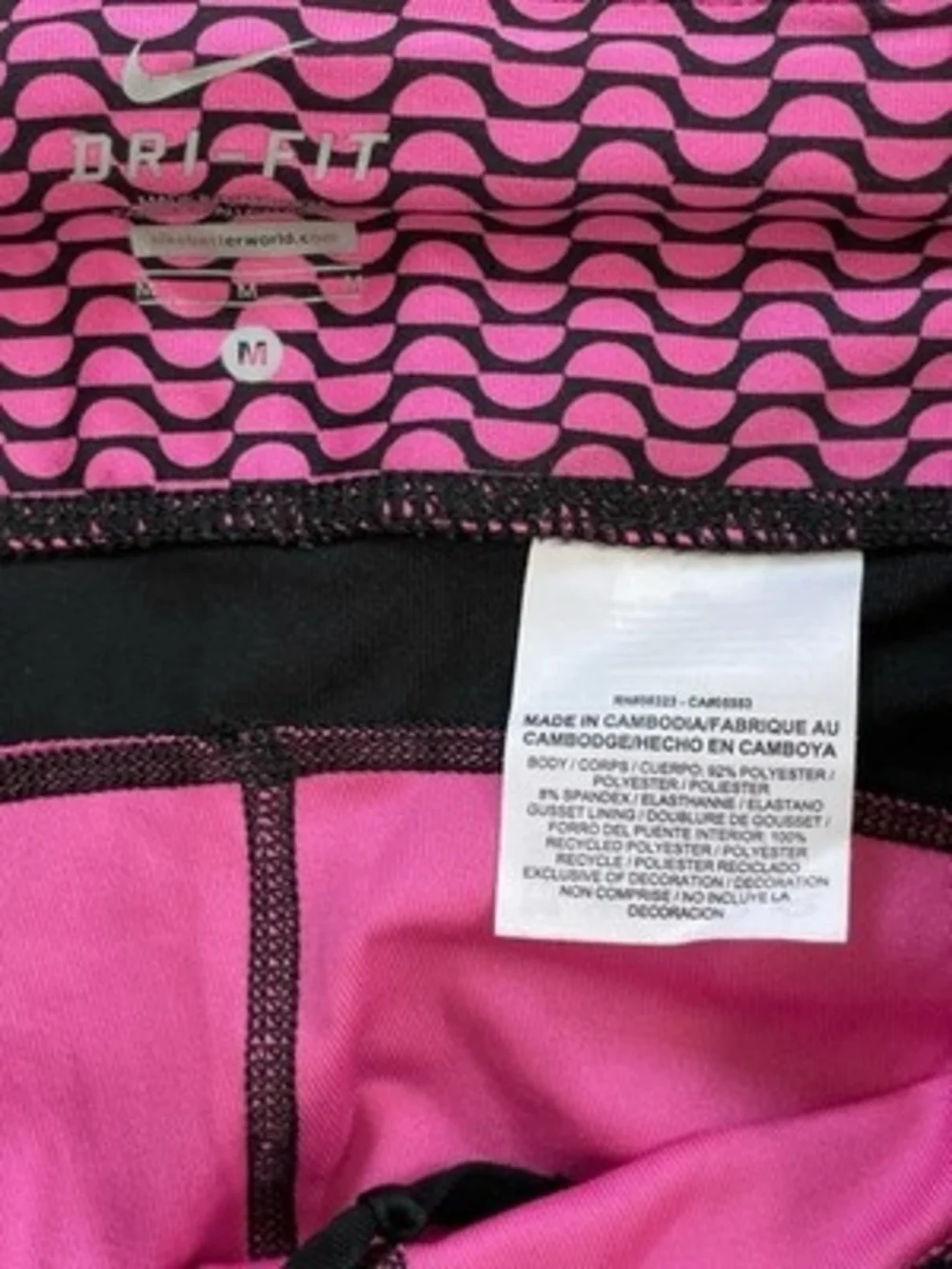 Nike Dri Fit Womens M Pink Black Print Cropped Running Leggings Zip Pocket VG